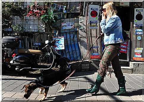 Woman walking her dog in the street while smoking.